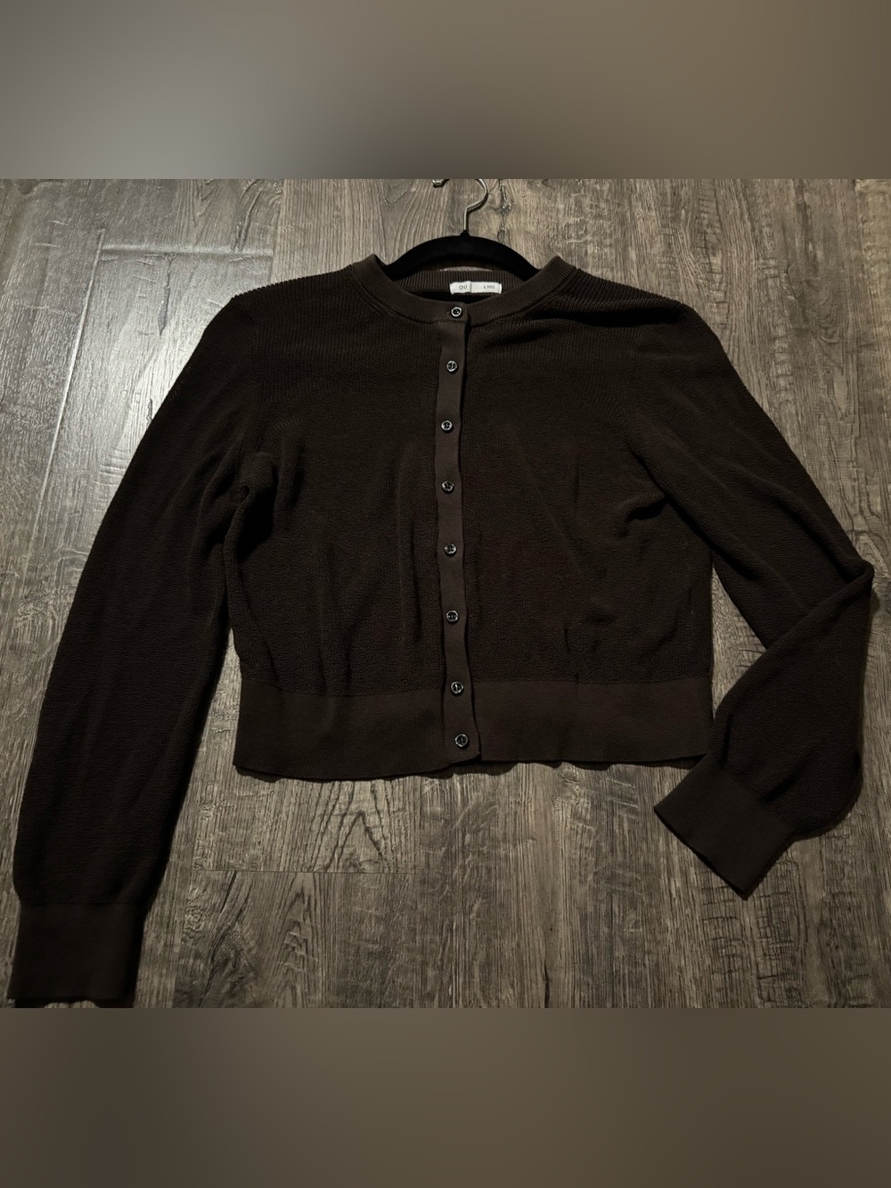 GU Dark Brown Button-Front Cropped Crewneck Cardigan Size L